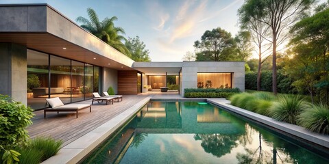 Fototapeta premium Minimalist House with Pool and Lush Garden, Modern Architecture, Tranquil Outdoor Space, Serene Retreat, Clean Lines, Natural Elements, Contemporary Design, Peaceful Living, Luxurious Home