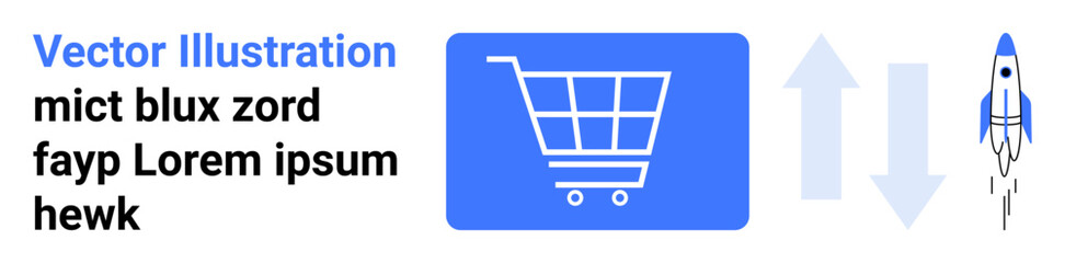 Shopping cart icon with directional arrows and rocket representing e-commerce growth, upward trends, innovation, and business success. Ideal for commerce, startups, growth, marketing, analytics