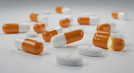 Scattered pills and capsules on a white surface, featuring orange and white colors. One capsule has a glowing effect, indicating medication.
