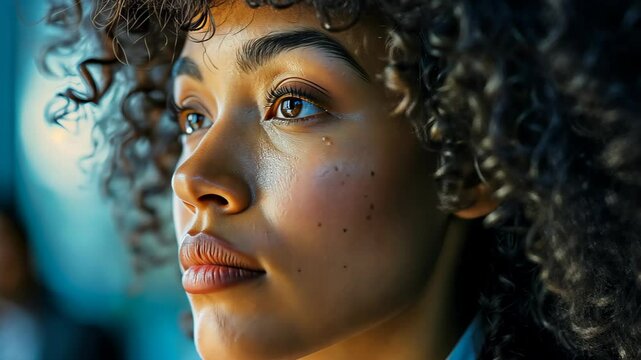 Close-up portrait of a thoughtful woman with curly hair. Human emotions and personal contemplation concept for mental health, psychology, and inner peace.