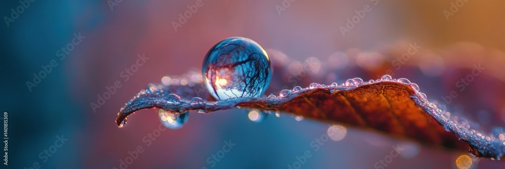 Poster perfect reflection of planet earth in dew drop on leaf creates a stunning macro view showcasing natu