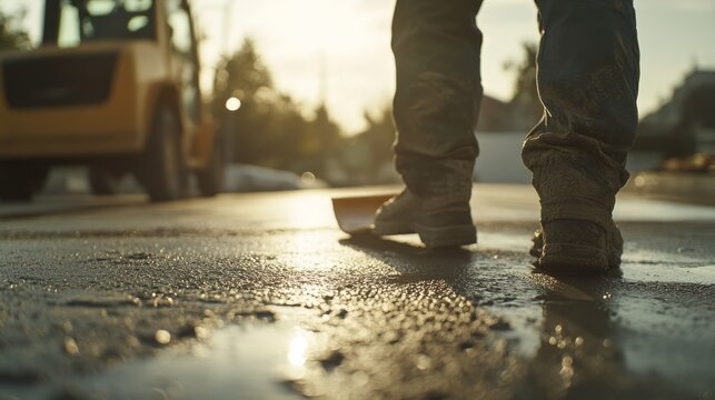 Concrete finisher using a float to smooth a driveway. Featuring precision and strength