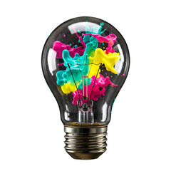 Abstract close-up of transparent light bulb with swirling paint in turquoise, magenta, and yellow – vivid fluid art meets technology