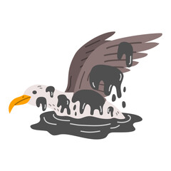 Seabird covered in oil spill slick. Environmental disaster, water pollution, ecological damage concept. Vector illustration.