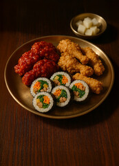 Feast of korean style fried chicken with sauce, Kimbap rolls and pickled radish on wooden tableGenerated image