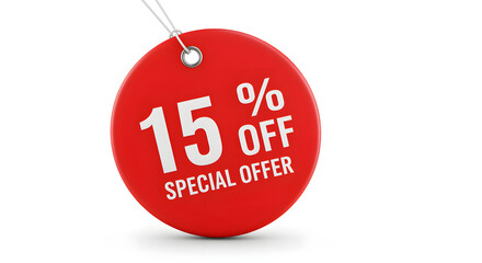 A vibrant red discount tag with '15% OFF' and 'SPECIAL OFFER' text against a white background, symbolizing savings and promotional deals.