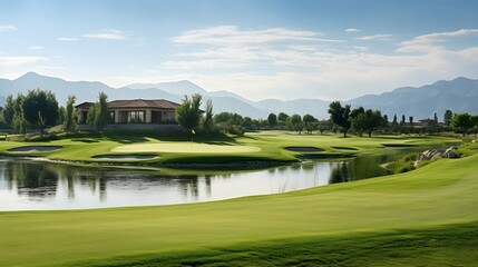 Golf course green reflecting mountains in Chile