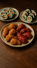 Feast of korean style fried chicken with sauce, Kimbap rolls and pickled radish on wooden tableGenerated image