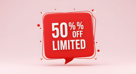 Red 3D rendering of fifty percent off limited time promotion, showcasing a sale announcement with discount offer against a pastel background.