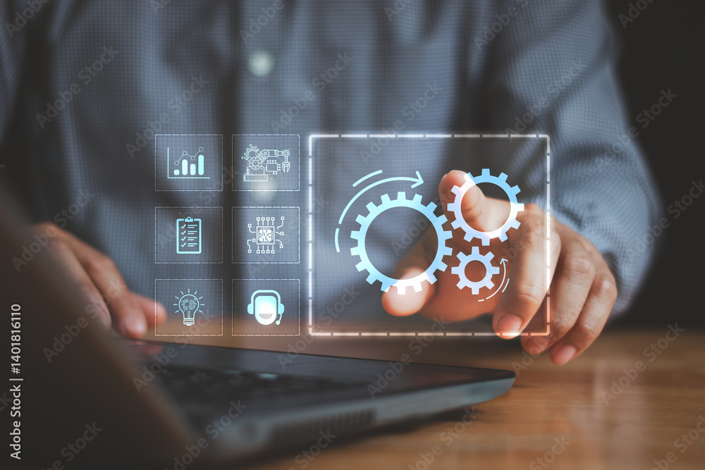 Aufkleber AI agent and generative artificial intelligence concept. Robotic process automation RPA, artificial intelligence. Man use laptop with virtual automation technology to automate business tasks with AI.