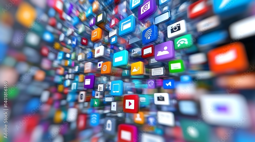 Poster the digital world with kaleidoscope of apps for network online communication platform application pr
