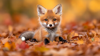 Adorable red fox kit nestled amongst vibrant autumn leaves, captivating gaze.  Perfect for autumnal themes, wildlife, and nature publications.