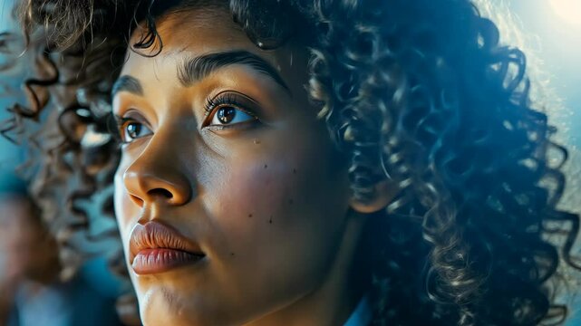 Close-up portrait of a thoughtful woman with curly hair. Human emotions and personal contemplation concept for mental health, psychology, and inner Modern peace.