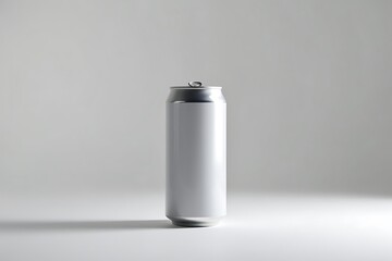 Silver Unlabeled Aluminum Beverage Can Stands On A White Surface Against A Light Grey Background, Minimalist Presentation, Soft Shadow. Product Advertisement, Mockup