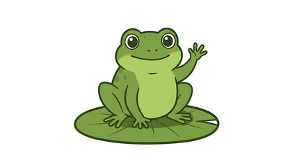 Cartoon frog sitting on a lily pad waving hello. The frog is green and has big eyes. The background is white. The style is cute and cartoonish.