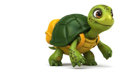 Fototapeta premium Cheerful green turtle character with a shell, rendered as a 3D model on a plain white background, conveying joy and positivity.