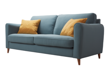 blue sofa with yellow cushions on white background