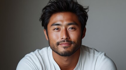 Obraz premium Asian man with black hair and brown eyes, looking straight into the camera