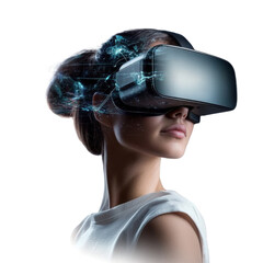 woman wearing virtual reality headset on white background.