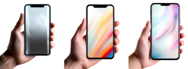 hand holding smartphone with colorful screen illustrations