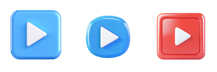 play button icons set, 3d render on white background