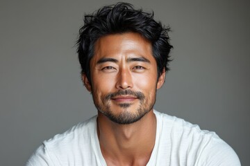 Obraz premium Asian man with dark hair, smiling lightly against soft grey background