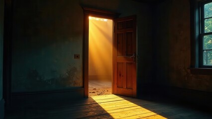 Obraz premium A Sunlit Doorway in a Derelict Building Reveals a Dusty, Abandoned Interior