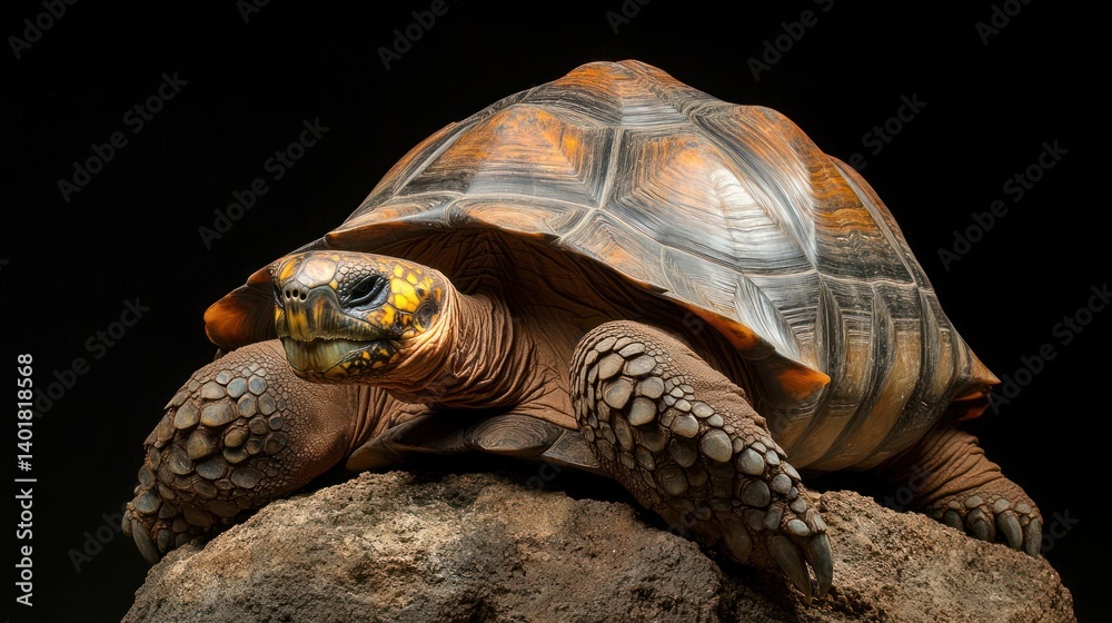 Poster portrait of a tortoise with a brown and black shell perched atop a textured rock against a black bac