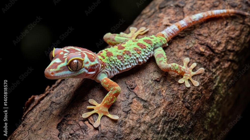 Poster close-up capturing a vibrant gecko, known for its distinctive green and orange spotted pattern, rest
