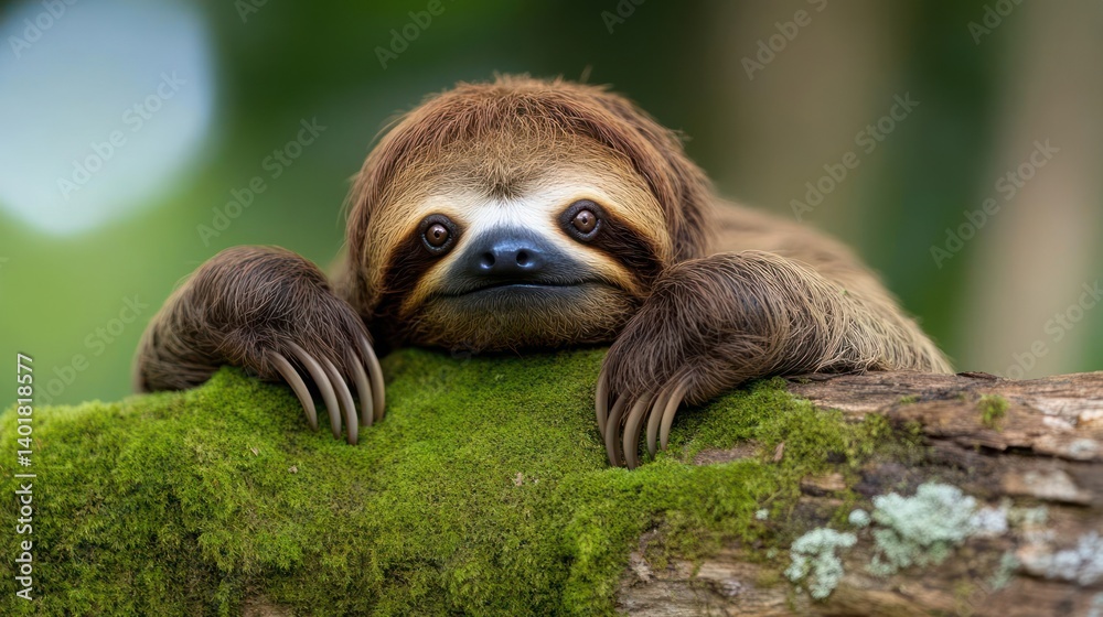 Leinwandbilder Close-up shot of a brown sloth resting its head on a mossy branch. The sloth is centered in the frame with a blurred green background. Lighting is natural and diffused, emphasizing the sloth's