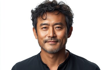 Asian man with wavy dark hair, light stubble, and a black shirt on white