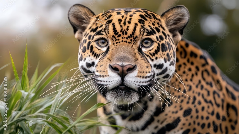 Fototapete close-up of a jaguar with a distinctive spotted coat, looking directly at the camera. green foliage 