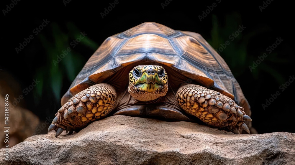 Poster a detailed close-up captures a radiant brown turtle perched on a textured gray rock, set against a b