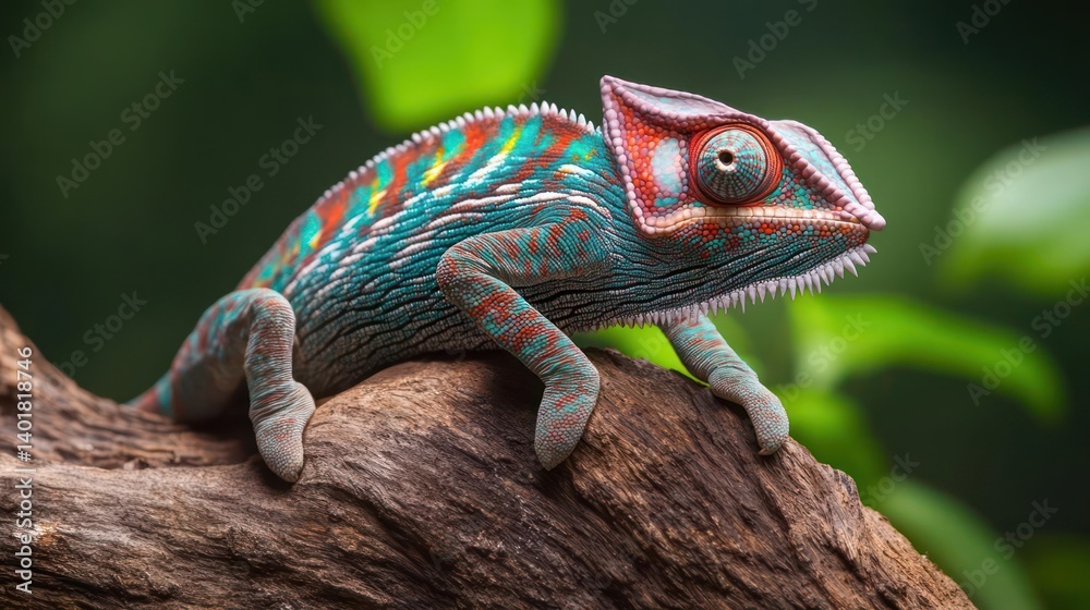 Poster Captured in a studio setting, a chameleon rests on a textured branch. The reptile displays a mix of turquoise, teal, red, and white hues against a blurred green backdrop of foliage