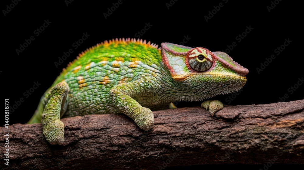 Poster a vibrant green and turquoise chameleon clings to a rough brown branch against a stark black backdro