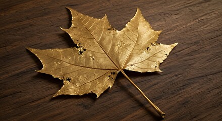 Obraz premium Golden maple leaf highlighting the delicate veins and textures on wooden surface