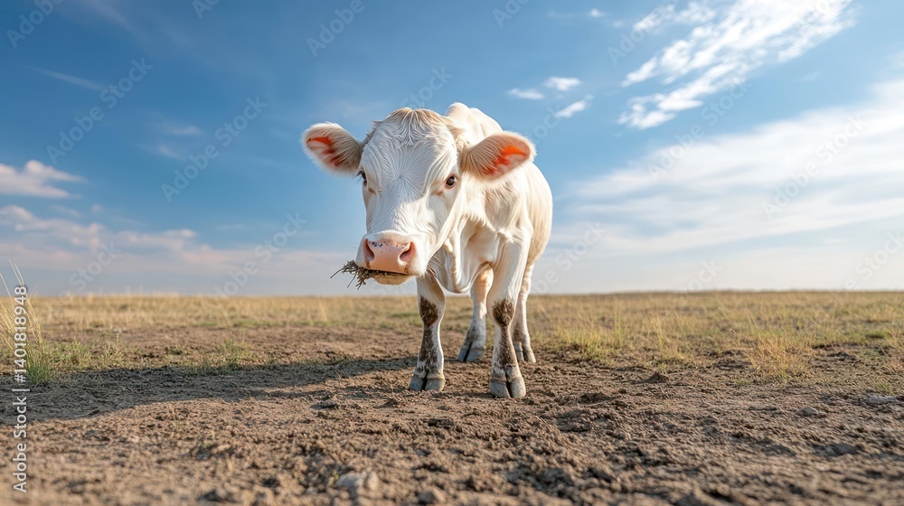 Poster a close up shot features a light brown cow standing in a dry field under a blue sky with scattered c