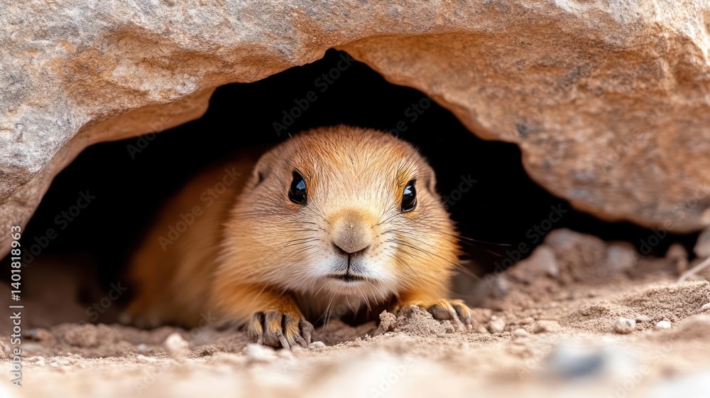 Poster close up of a cute prairie dog with brown fur, emerging from its burrow. the ground is sandy and the