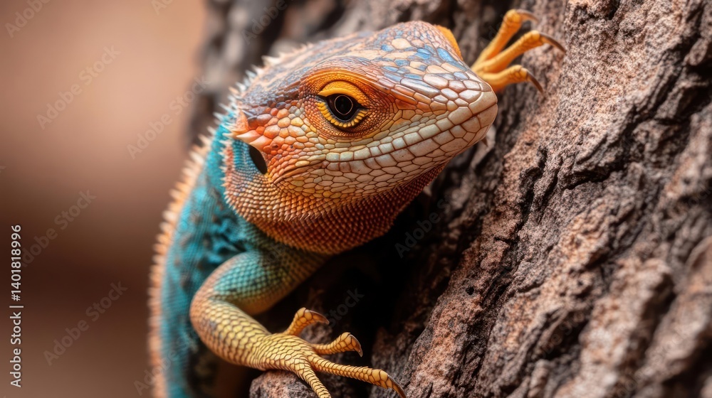 Poster close-up shot of a spiny lizard with vibrant blue, orange, and yellow scales, clinging to a textured