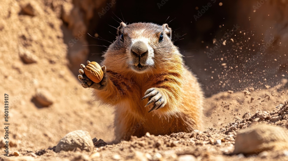 Poster A close-up shot captures a marmot emerging from its burrow in soft sunlight, holding a round object in its paws. The ground is earthen, with scattered rocks adding to the natural setting