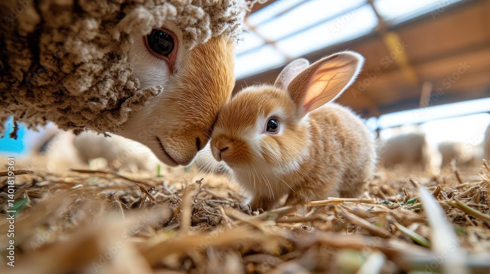Poster Close up view of a fluffy white sheep with tan wool, nuzzling a small tan rabbit in a barn over hay, with a row of sheep in the background