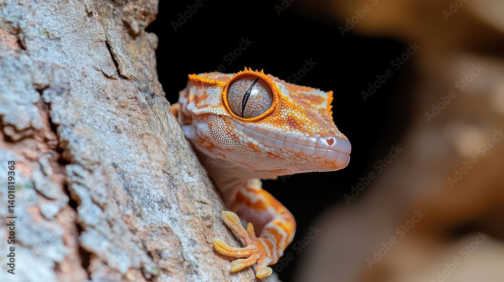 Poster detailed close-up shot of a crested gecko with orange and white mottled skin, perched on a tree trun