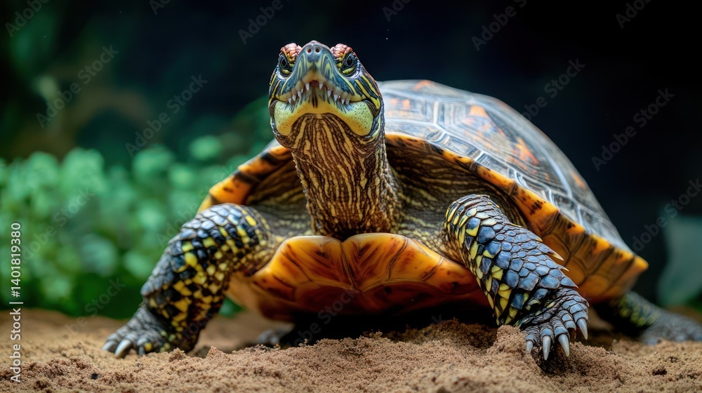 Poster close up shot of a vibrant ornate turtle with an orange and brown patterned shell. it stands on a sa