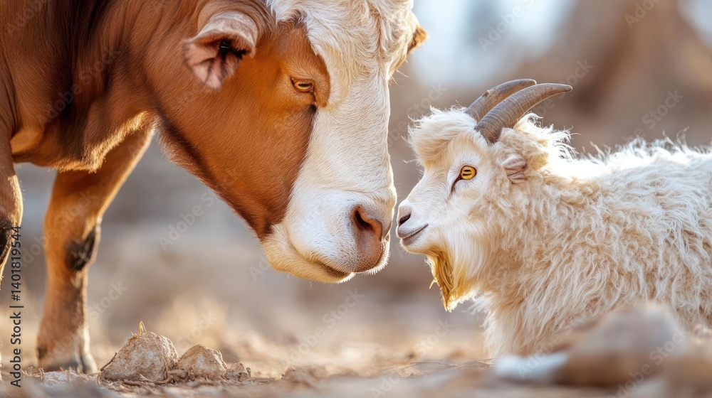 Poster a heartwarming scene of a brown and white cow gently touching noses with a small white goat, capture