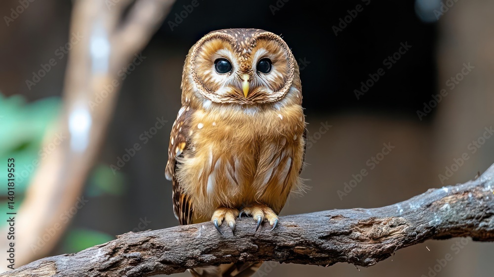 Poster a small owl sits perched on a rough, lichen-covered branch. its brown and speckled plumage is detail