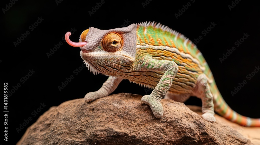 Poster close-up of a chameleon perched on a rock with its tongue extended. the chameleon has a mix of green