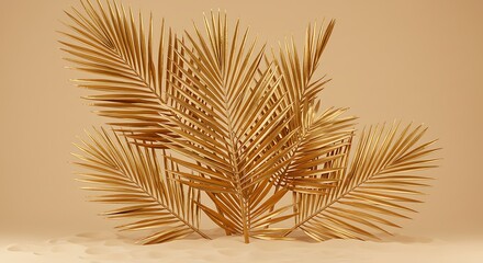 Fototapeta premium Gilded serenity: A luxurious display of golden palm fronds on sandy texture