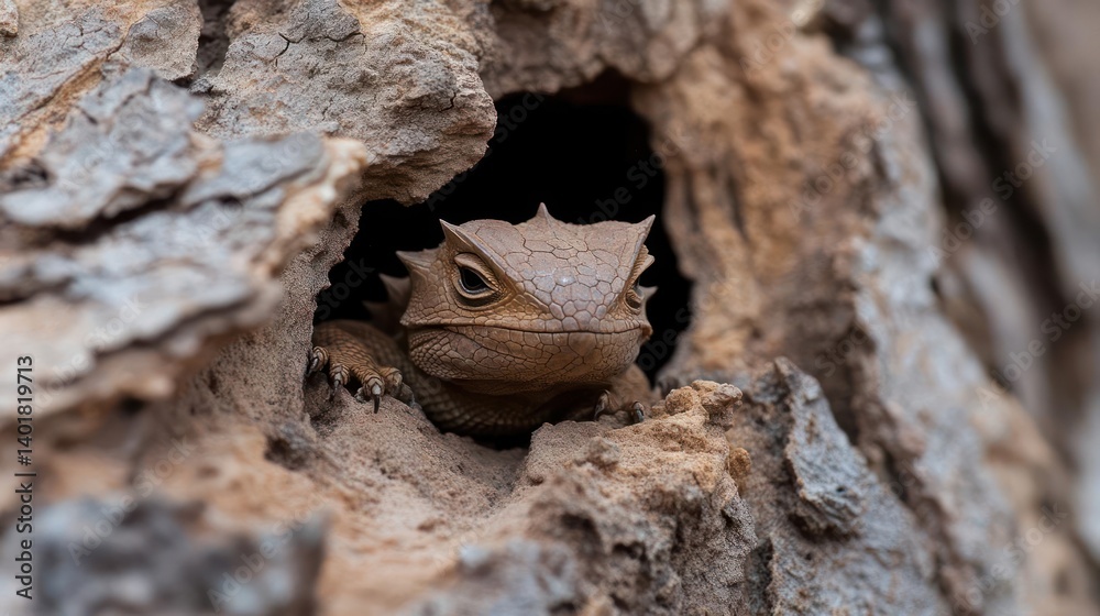 Poster a spiky horned lizard with intricate details emerges from a hollow in a rough tree bark, showcasing 