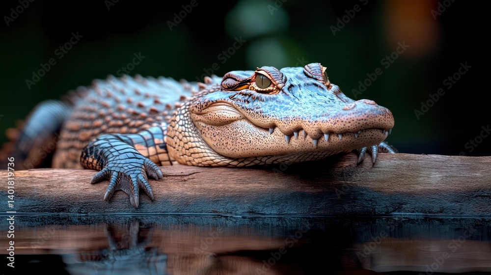 Aufkleber Close-up of an alligator resting on a log at the water's edge, under a low angle and dim lighting. The alligator's textured skin and focused expression are highlighted, and its reflection visible in