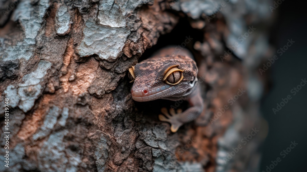 Aufkleber a speckled brown and grey gecko peers out from a hole in a tree trunk. the reptile's head and foreli